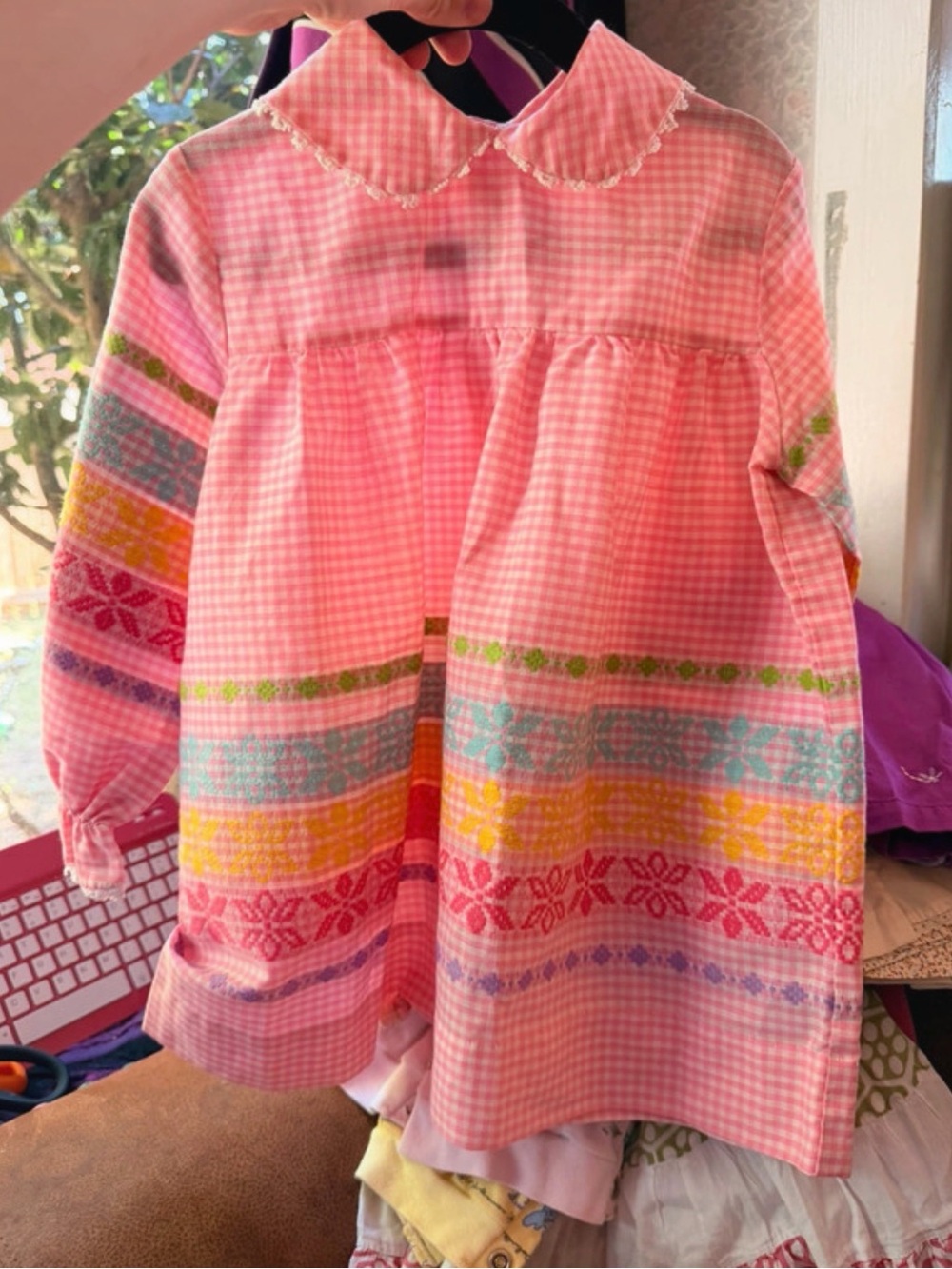 Pink Gingham Dress with Colorful Folk Stripes